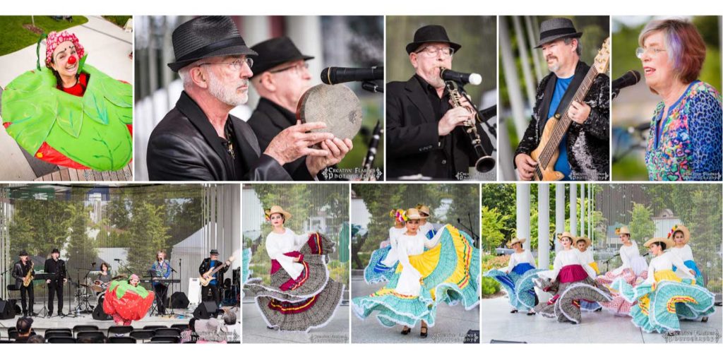 VegFest collage: musicians and dancers performing on stage