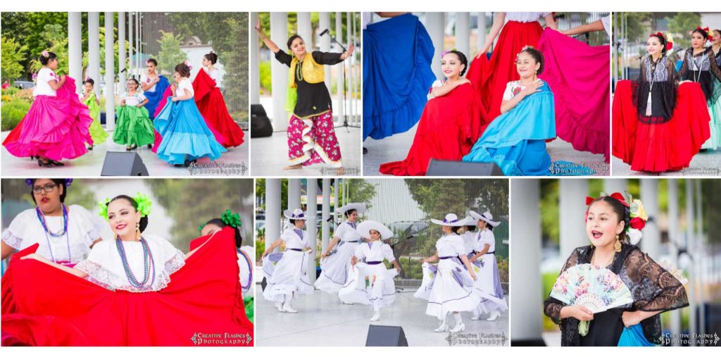 VegFest collage: folk dancers in bright skirts on stage