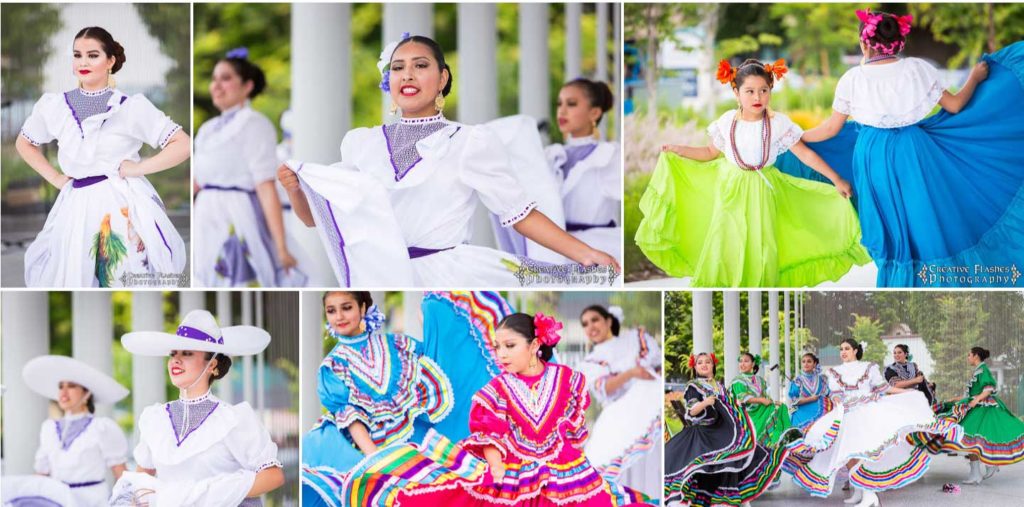 VegFest collage: folk dancers in white and colorful dresses