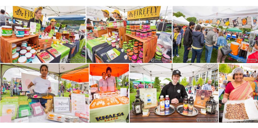 VegFest collage: vendor booths selling vegetarian food and products