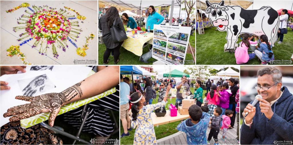VegFest collage: rangoli art, henna, a cow cut-out and families