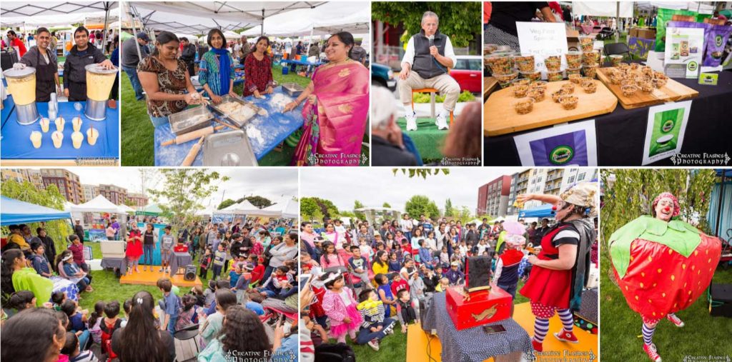 VegFest collage: tables of crafts and food with crowds and a strawberry mascot