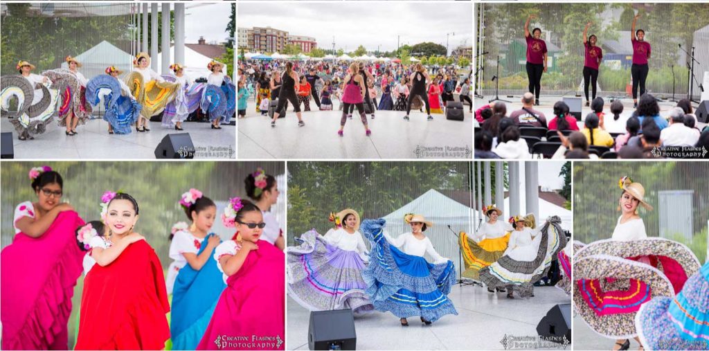 VegFest collage: dancers in colorful costumes performing for a crowd