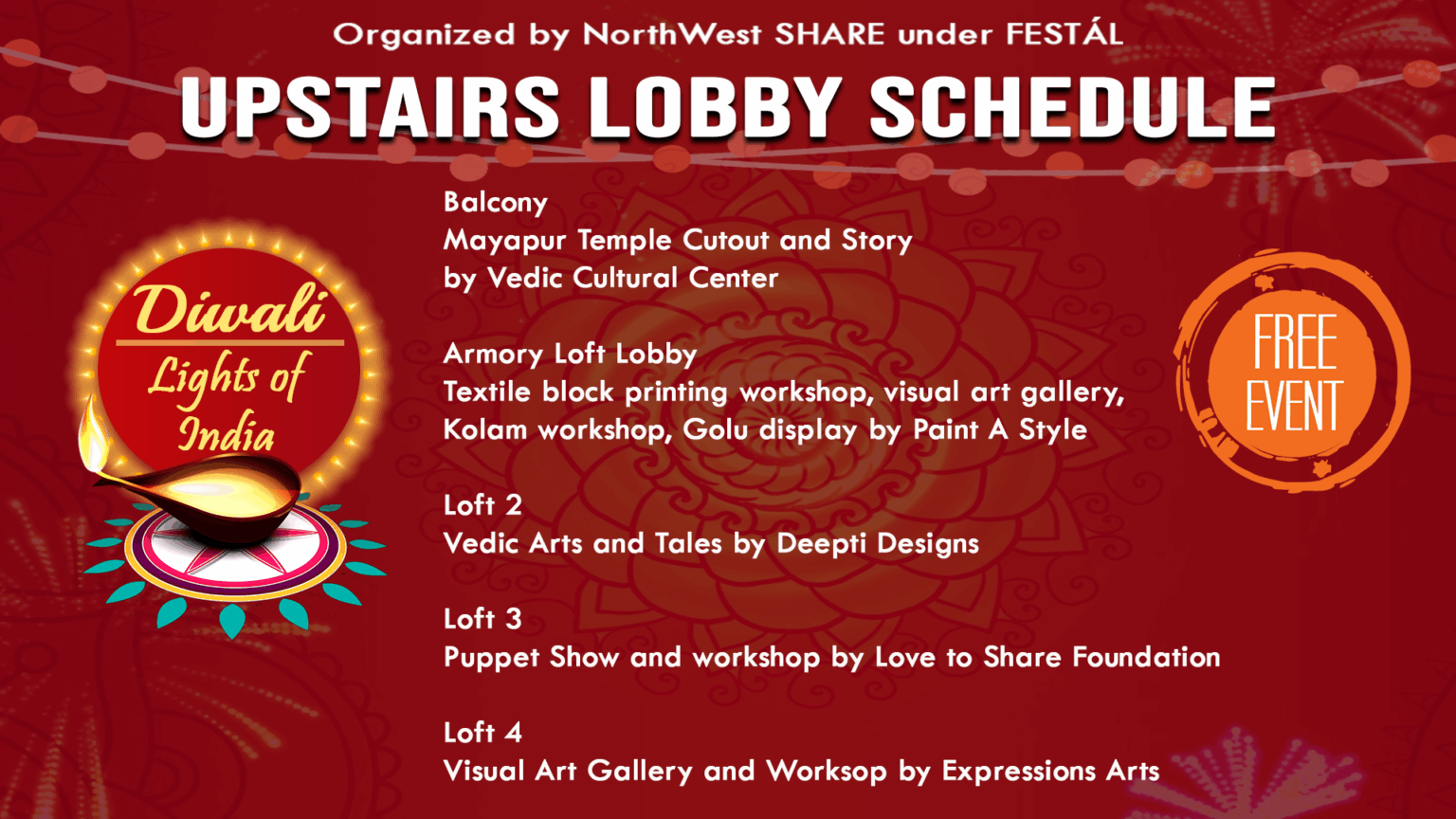 2025 Diwali upstairs lobby schedule: Mayapur temple cutout and story on the Balcony; textile block printing, visual art gallery, kolam workshop and golu display in the Armory Loft Lobby; Vedic arts and tales in Loft 2; puppet show in Loft 3; visual art gallery and workshop in Loft 4
