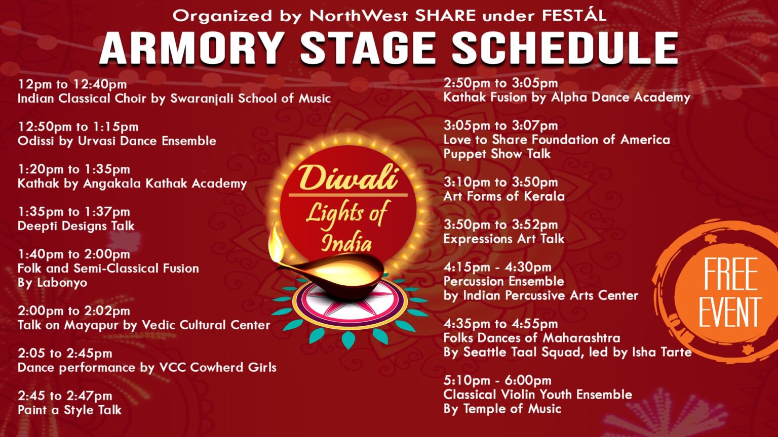 2025 Diwali Armory stage schedule listing performances from 12 pm to 6 pm, including classical dance, music, folk dance and talks